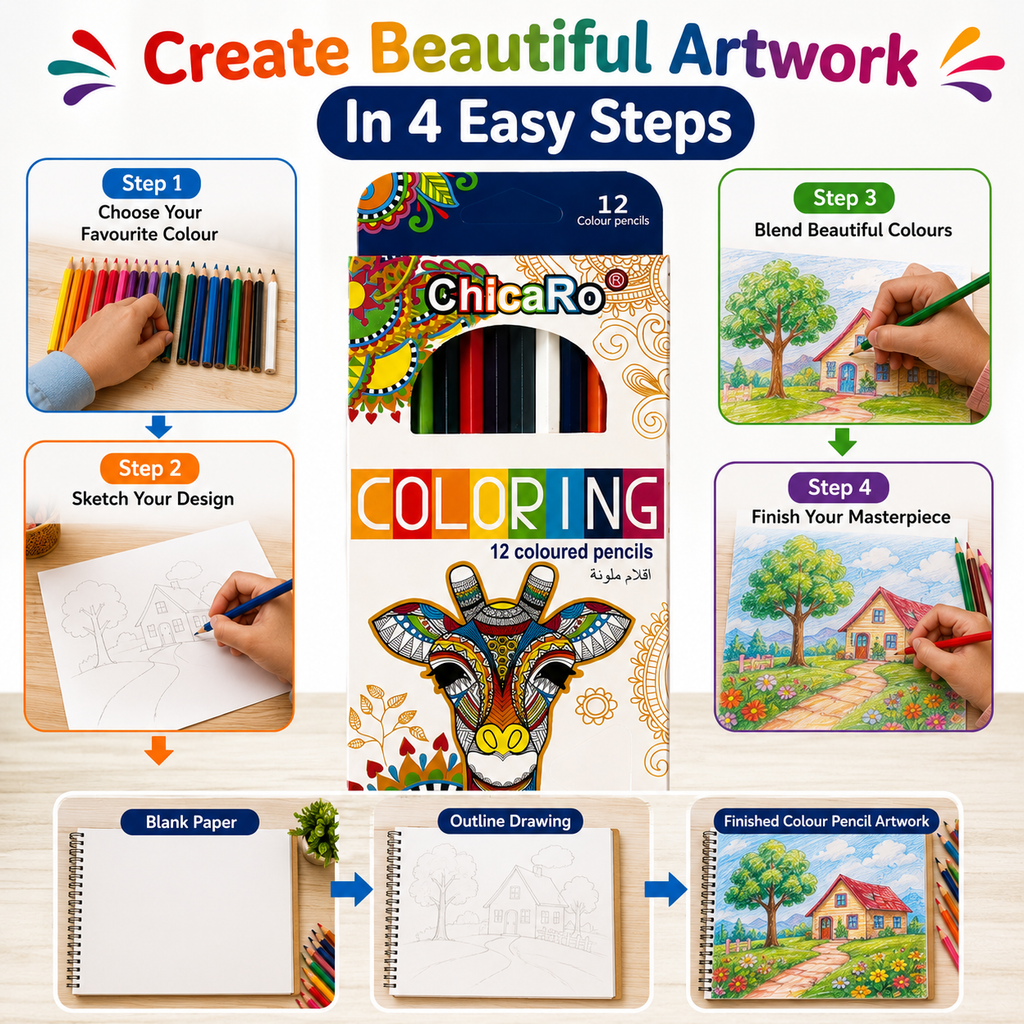 ChicaRo 12-Colour Pencils – Vibrant Colouring Set for Kids, Students, Drawing & Creative Projects