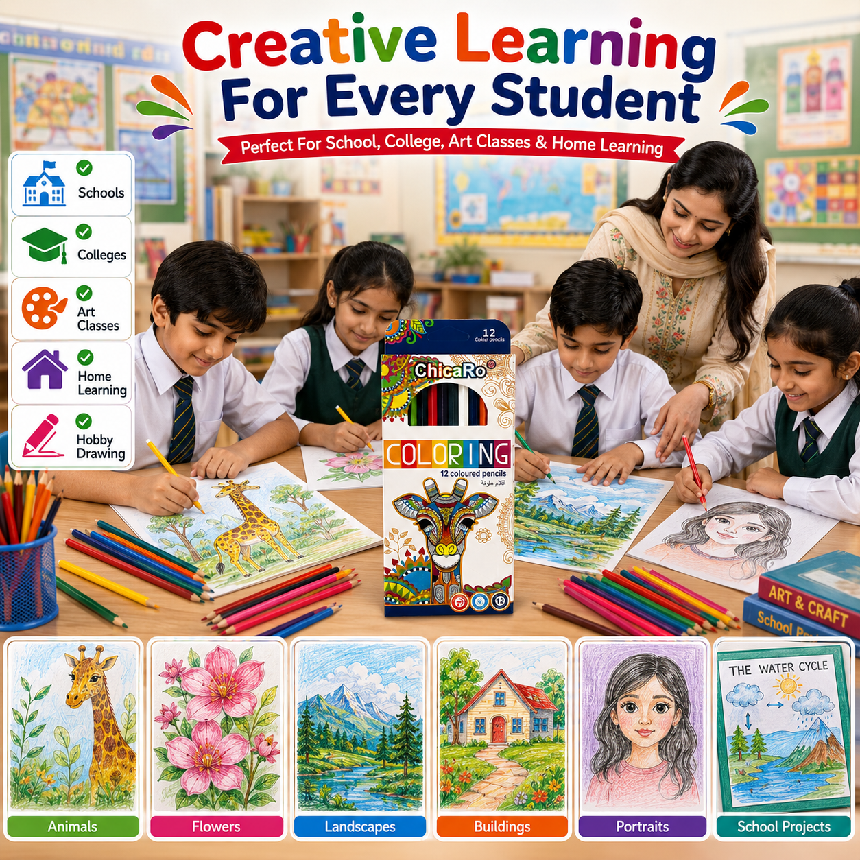 ChicaRo 12-Colour Pencils – Vibrant Colouring Set for Kids, Students, Drawing & Creative Projects