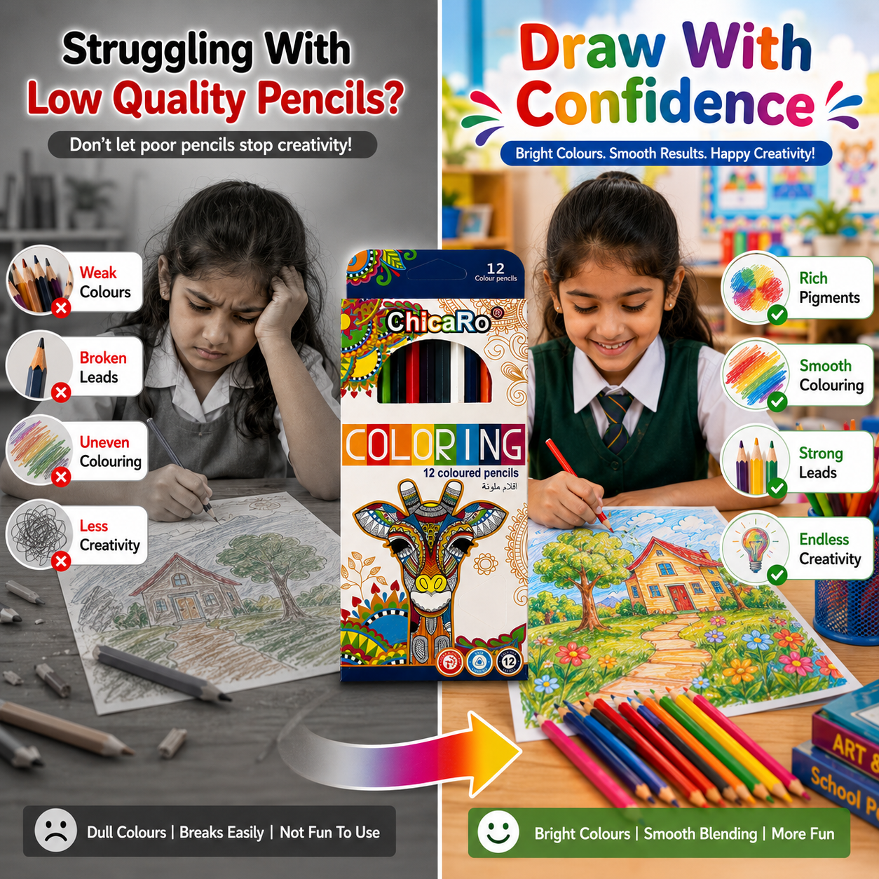 ChicaRo 12-Colour Pencils – Vibrant Colouring Set for Kids, Students, Drawing & Creative Projects