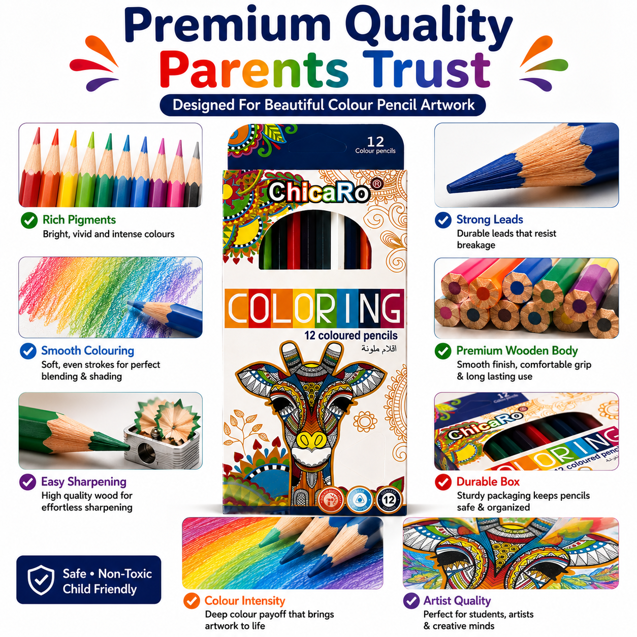 ChicaRo 12-Colour Pencils – Vibrant Colouring Set for Kids, Students, Drawing & Creative Projects