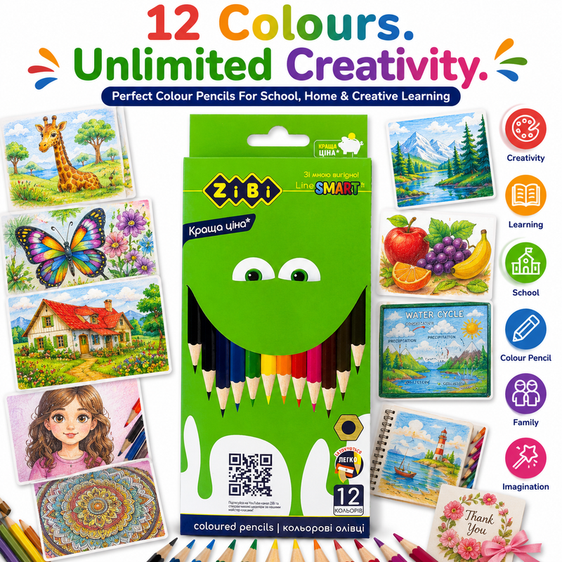 Zibi 12-Colour Pencils – Bright Coloured Pencil Set for Kids, School, Drawing & Creative Activities