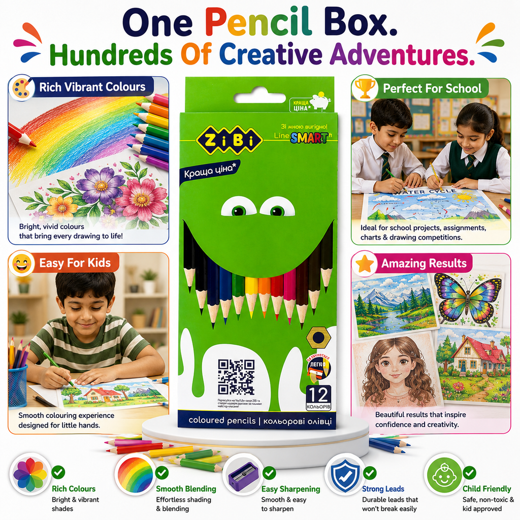 Zibi 12-Colour Pencils – Bright Coloured Pencil Set for Kids, School, Drawing & Creative Activities