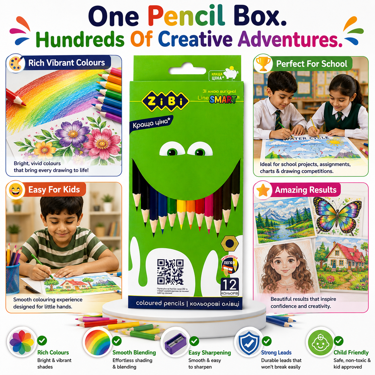 Zibi 12-Colour Pencils – Bright Coloured Pencil Set for Kids, School, Drawing & Creative Activities