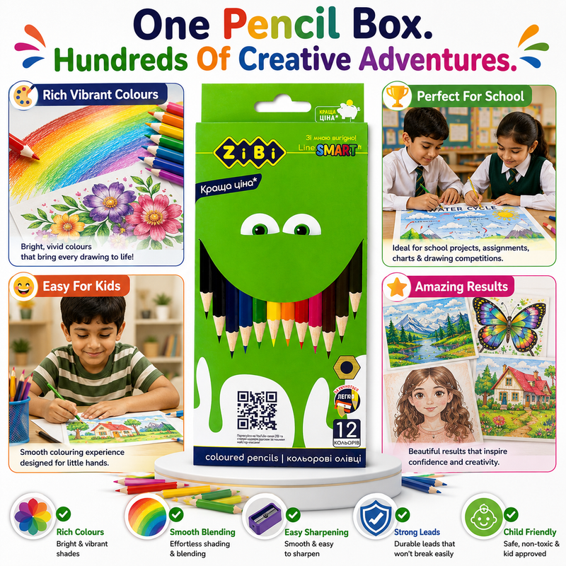 Zibi 12-Colour Pencils – Bright Coloured Pencil Set for Kids, School, Drawing & Creative Activities