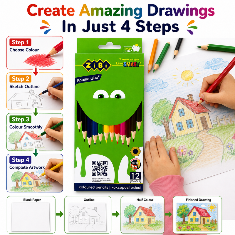 Zibi 12-Colour Pencils – Bright Coloured Pencil Set for Kids, School, Drawing & Creative Activities