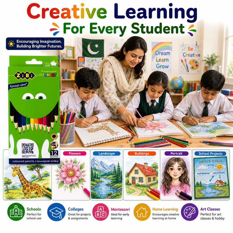 Zibi 12-Colour Pencils – Bright Coloured Pencil Set for Kids, School, Drawing & Creative Activities