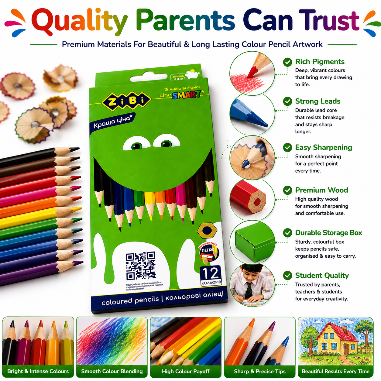 Zibi 12-Colour Pencils – Bright Coloured Pencil Set for Kids, School, Drawing & Creative Activities