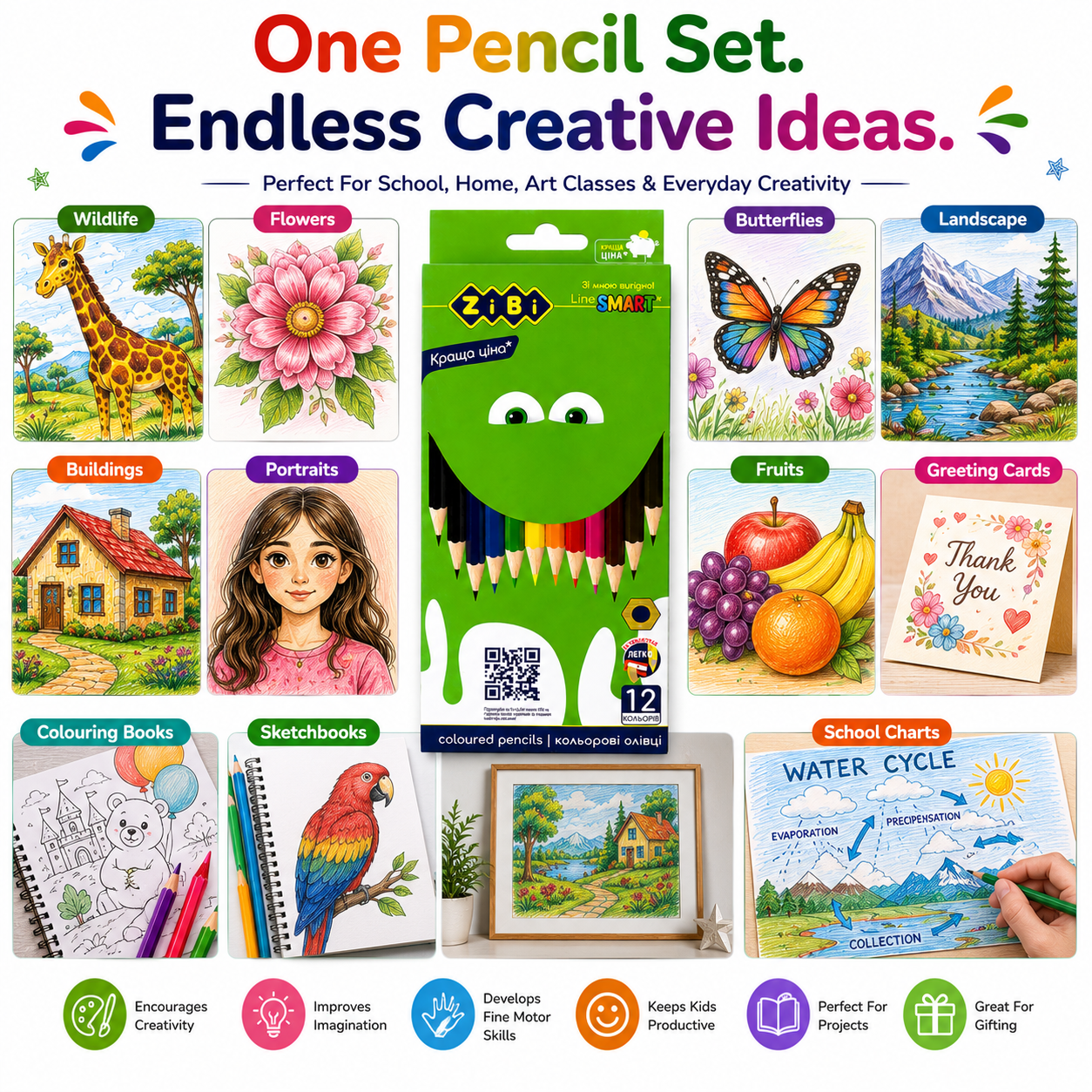 Zibi 12-Colour Pencils – Bright Coloured Pencil Set for Kids, School, Drawing & Creative Activities