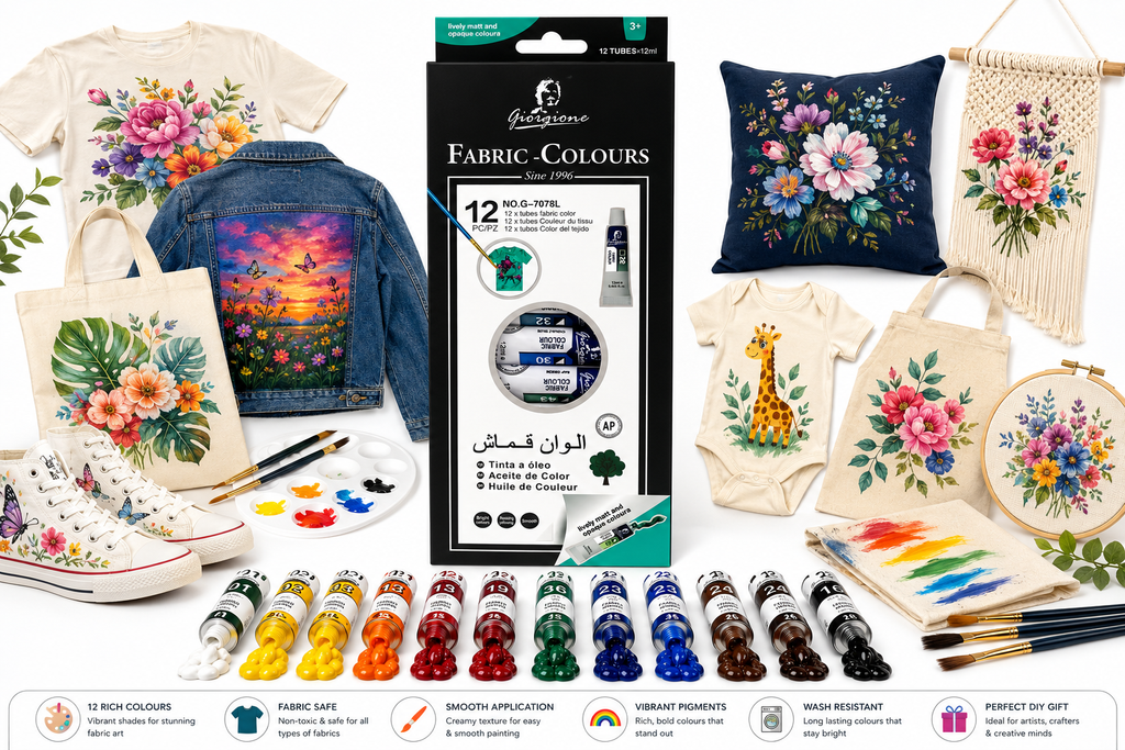 12-Color Fabric Paint Set with 12ml Tubes, Textile & Cloth Painting Colours for DIY Crafts, T-Shirt & Fabric Decoration, Bright Matte Colours with Smooth Finish