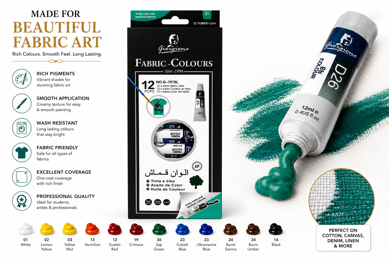 12-Color Fabric Paint Set with 12ml Tubes, Textile & Cloth Painting Colours for DIY Crafts, T-Shirt & Fabric Decoration, Bright Matte Colours with Smooth Finish