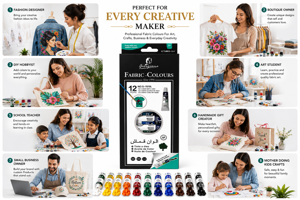 12-Color Fabric Paint Set with 12ml Tubes, Textile & Cloth Painting Colours for DIY Crafts, T-Shirt & Fabric Decoration, Bright Matte Colours with Smooth Finish