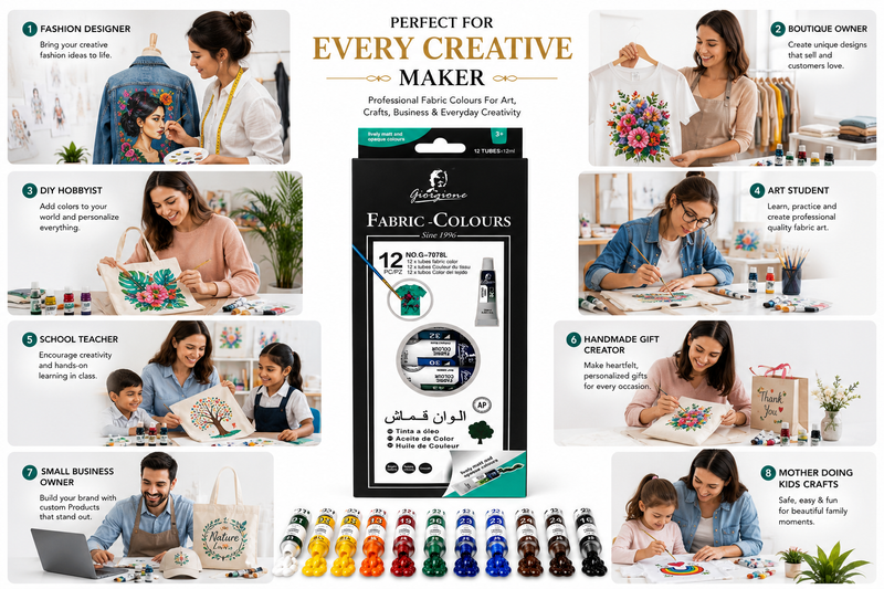 12-Color Fabric Paint Set with 12ml Tubes, Textile & Cloth Painting Colours for DIY Crafts, T-Shirt & Fabric Decoration, Bright Matte Colours with Smooth Finish
