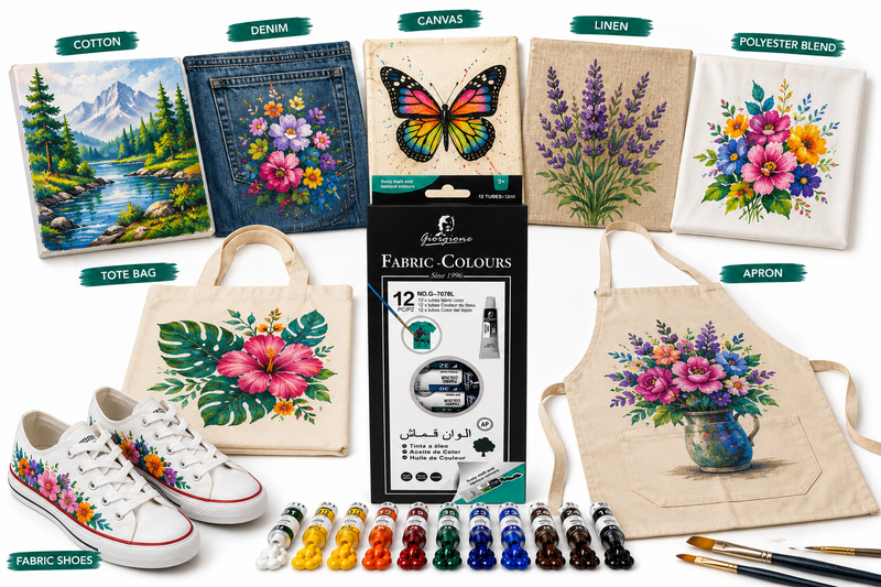 12-Color Fabric Paint Set with 12ml Tubes, Textile & Cloth Painting Colours for DIY Crafts, T-Shirt & Fabric Decoration, Bright Matte Colours with Smooth Finish