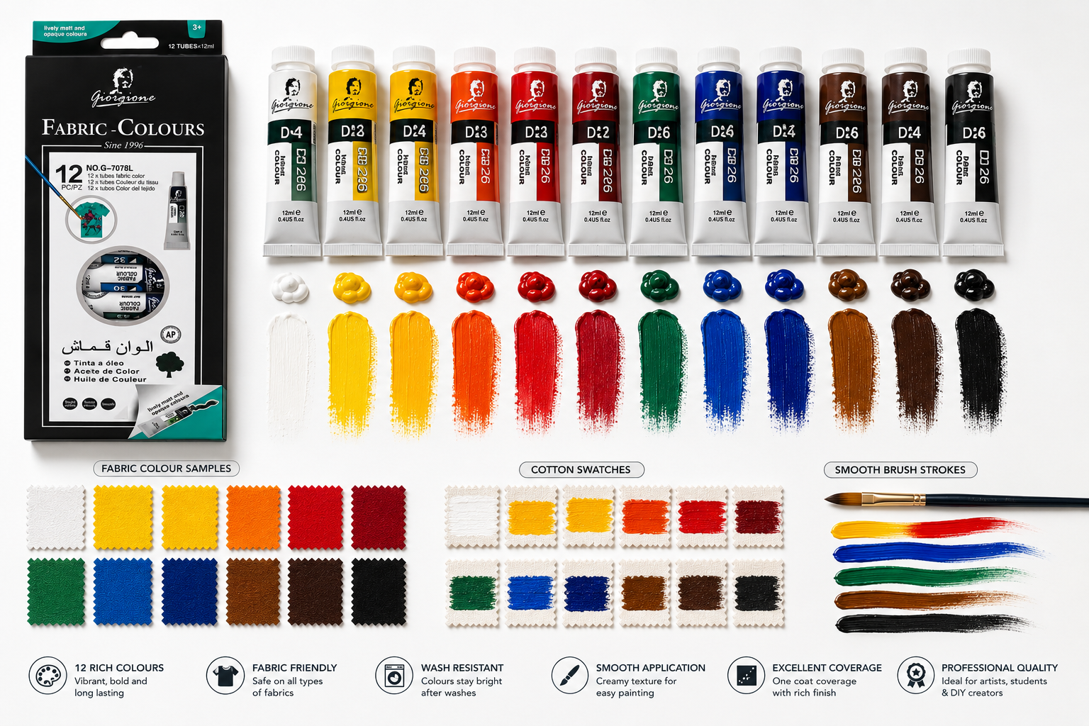12-Color Fabric Paint Set with 12ml Tubes, Textile & Cloth Painting Colours for DIY Crafts, T-Shirt & Fabric Decoration, Bright Matte Colours with Smooth Finish