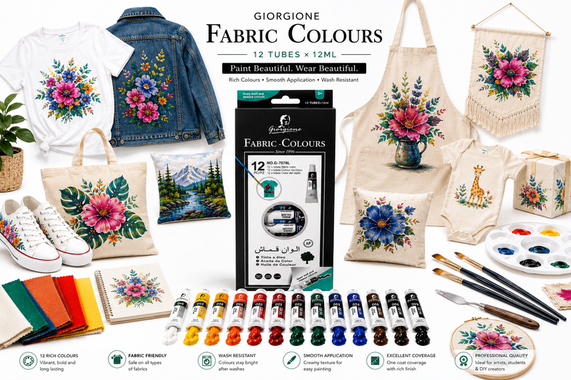 12-Color Fabric Paint Set with 12ml Tubes, Textile & Cloth Painting Colours for DIY Crafts, T-Shirt & Fabric Decoration, Bright Matte Colours with Smooth Finish