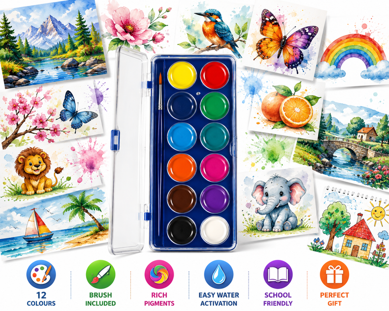 12-Color Watercolor Cake Set for Kids & Beginners, Vibrant Watercolor Paint Palette with Multiple Rich Colours, Easy-to-Use Painting Set for School,