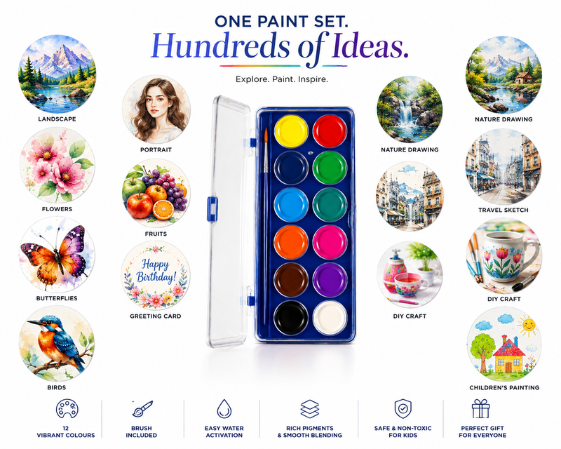 12-Color Watercolor Cake Set for Kids & Beginners, Vibrant Watercolor Paint Palette with Multiple Rich Colours, Easy-to-Use Painting Set for School,