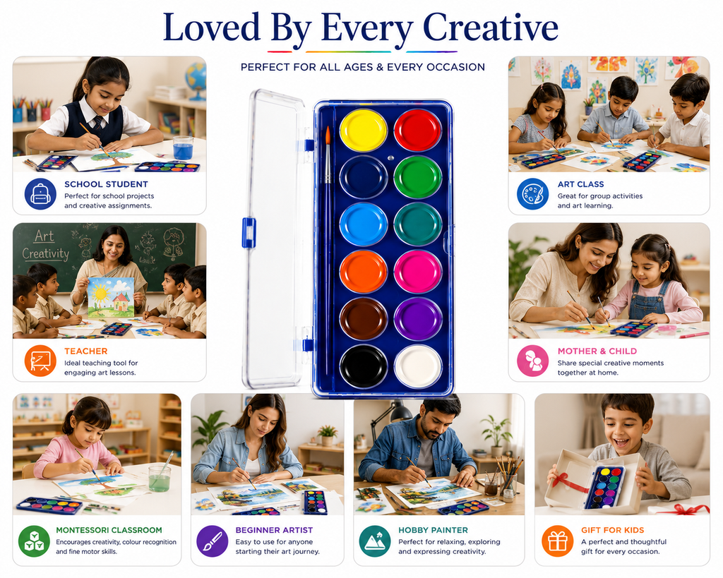 12-Color Watercolor Cake Set for Kids & Beginners, Vibrant Watercolor Paint Palette with Multiple Rich Colours, Easy-to-Use Painting Set for School,