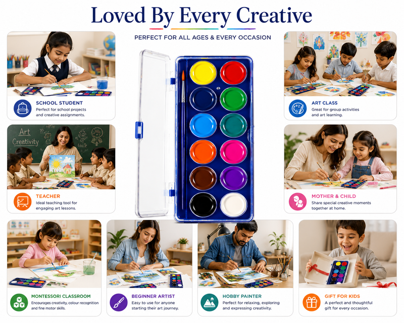 12-Color Watercolor Cake Set for Kids & Beginners, Vibrant Watercolor Paint Palette with Multiple Rich Colours, Easy-to-Use Painting Set for School,