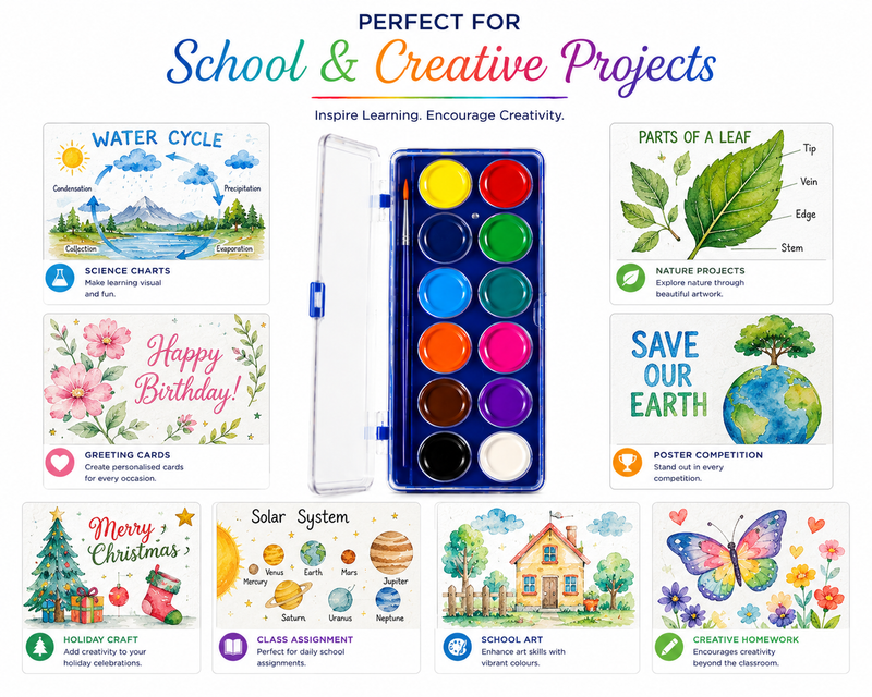 12-Color Watercolor Cake Set for Kids & Beginners, Vibrant Watercolor Paint Palette with Multiple Rich Colours, Easy-to-Use Painting Set for School,