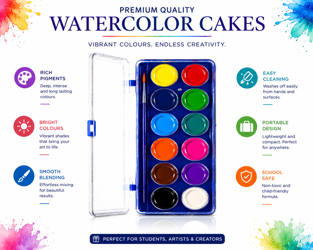 12-Color Watercolor Cake Set for Kids & Beginners, Vibrant Watercolor Paint Palette with Multiple Rich Colours, Easy-to-Use Painting Set for School,