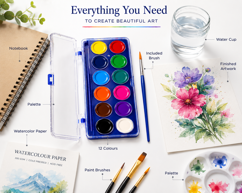 12-Color Watercolor Cake Set for Kids & Beginners, Vibrant Watercolor Paint Palette with Multiple Rich Colours, Easy-to-Use Painting Set for School,