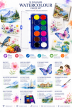 12-Color Watercolor Cake Set for Kids & Beginners, Vibrant Watercolor Paint Palette with Multiple Rich Colours, Easy-to-Use Painting Set for School,