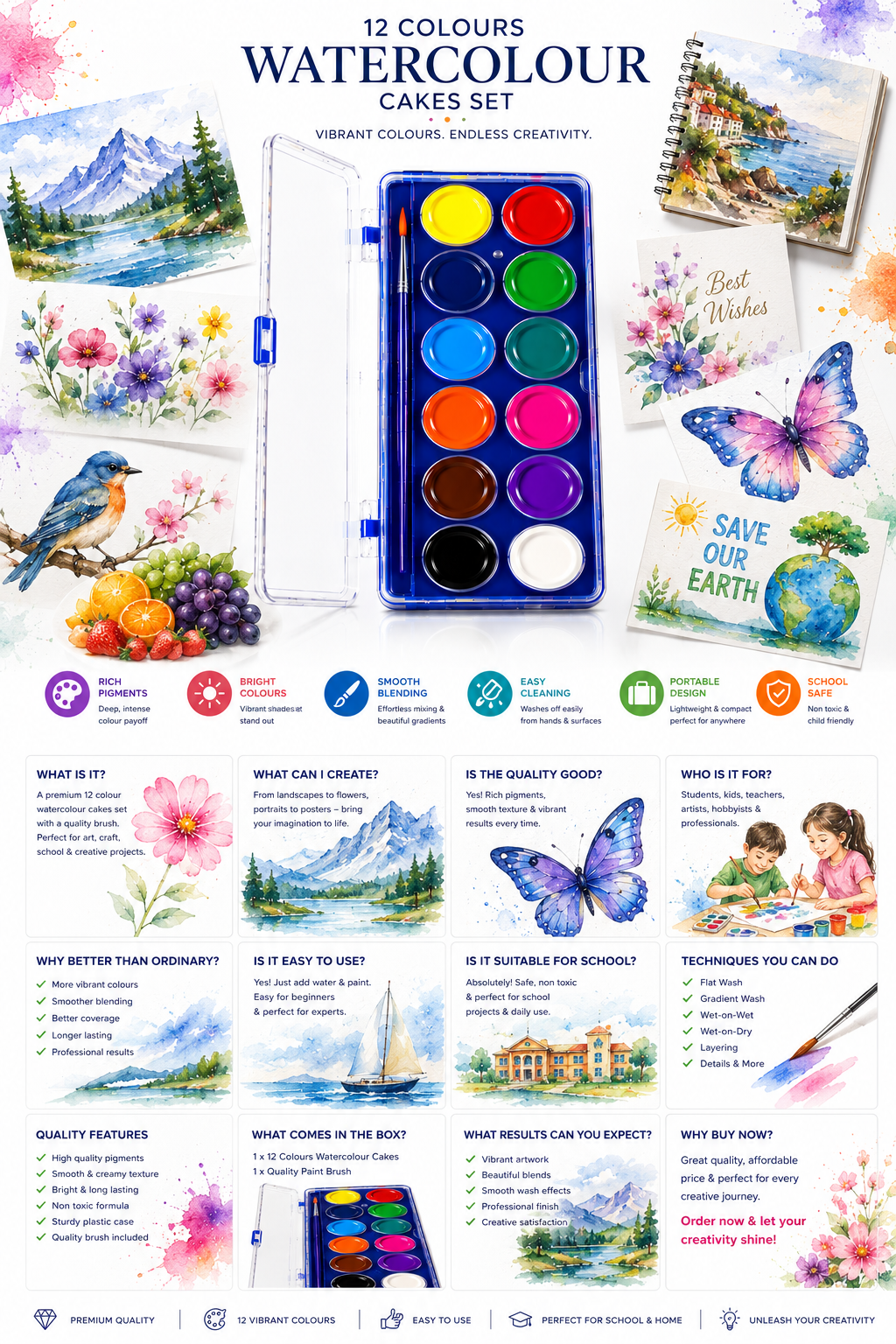 12-Color Watercolor Cake Set for Kids & Beginners, Vibrant Watercolor Paint Palette with Multiple Rich Colours, Easy-to-Use Painting Set for School,