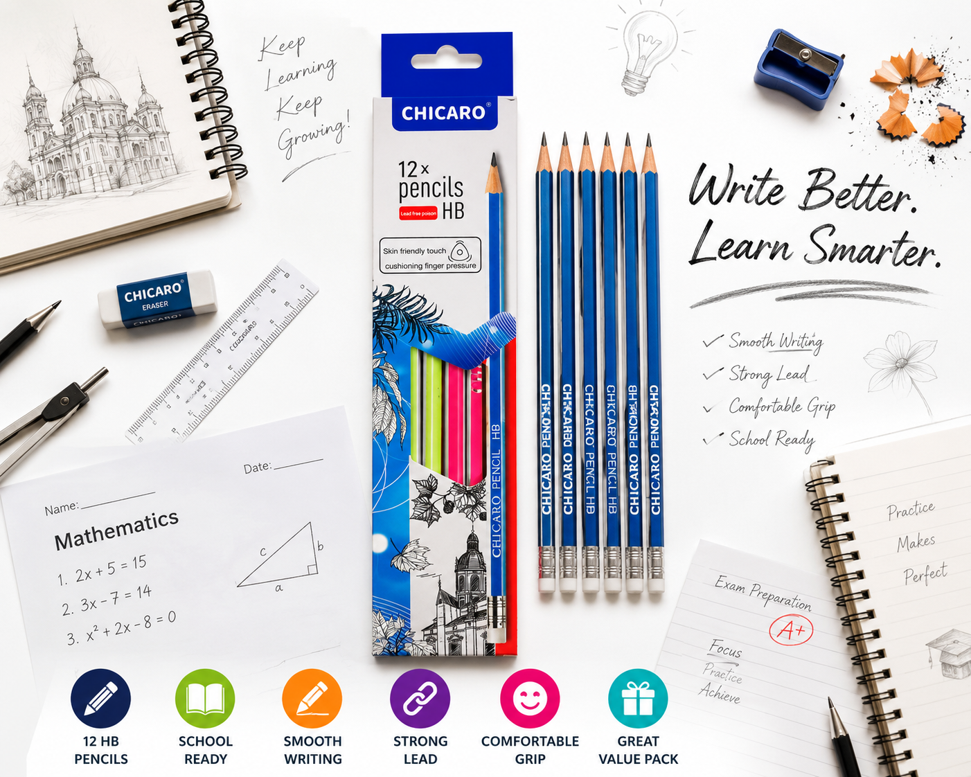 ChicaRo 12-Piece HB Pencils Set – Premium Graphite Writing Pencils for School, Students & Office, Smooth Dark Writing, Easy Sharpening, Durable Lead, Comfortable Grip