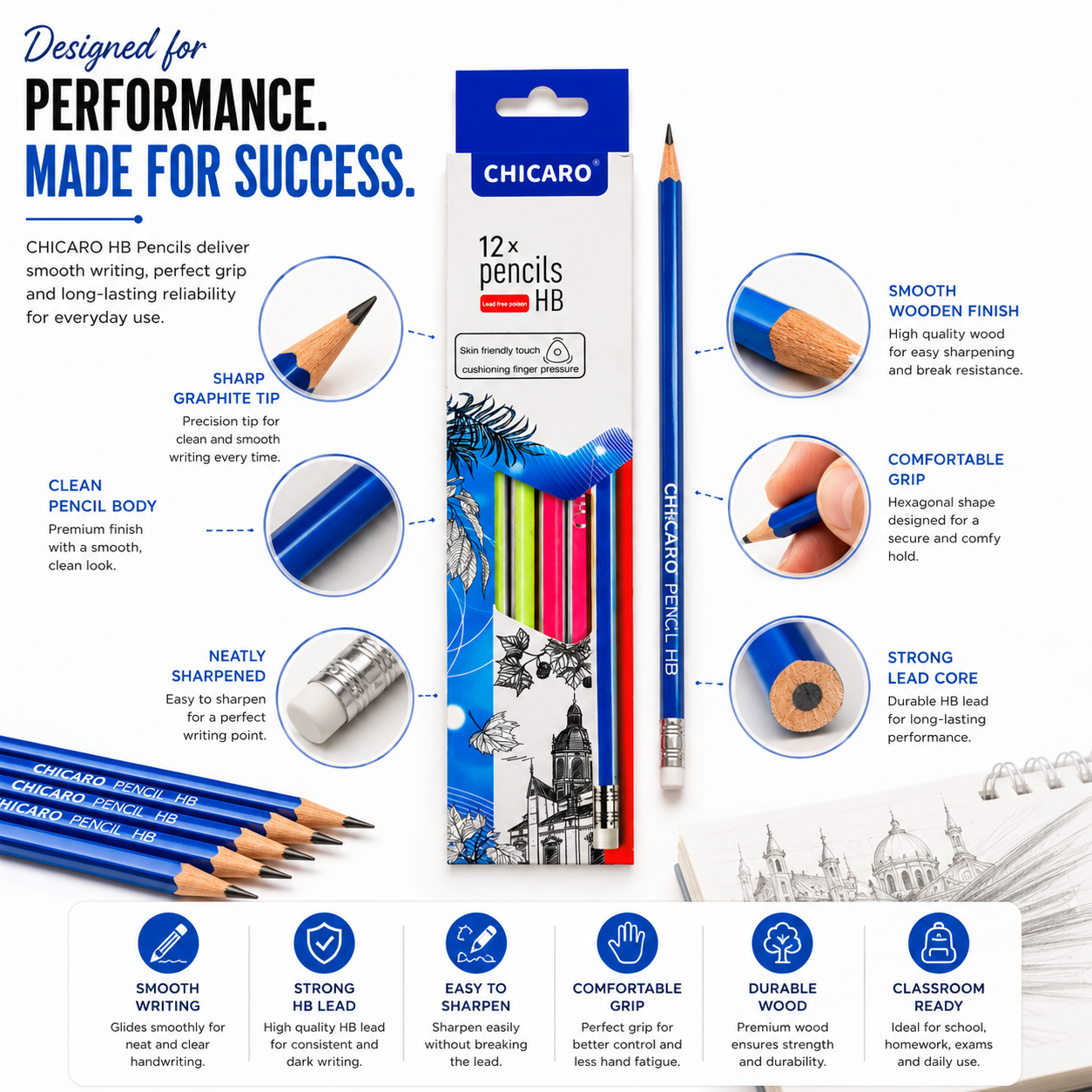 12 HB Graphite Pencils – Smooth, Reliable Pencils for Students, Sketching, Writing & Office Use