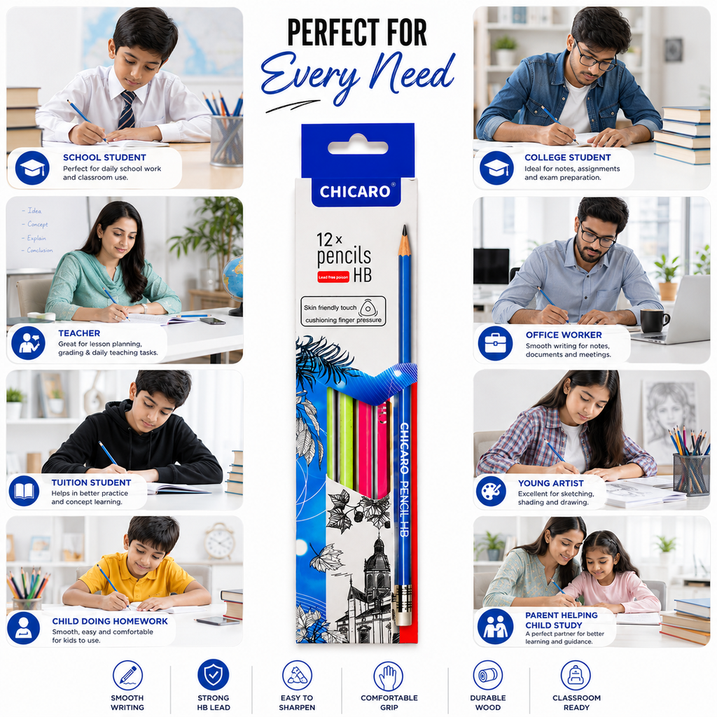 12 HB Graphite Pencils – Smooth, Reliable Pencils for Students, Sketching, Writing & Office Use