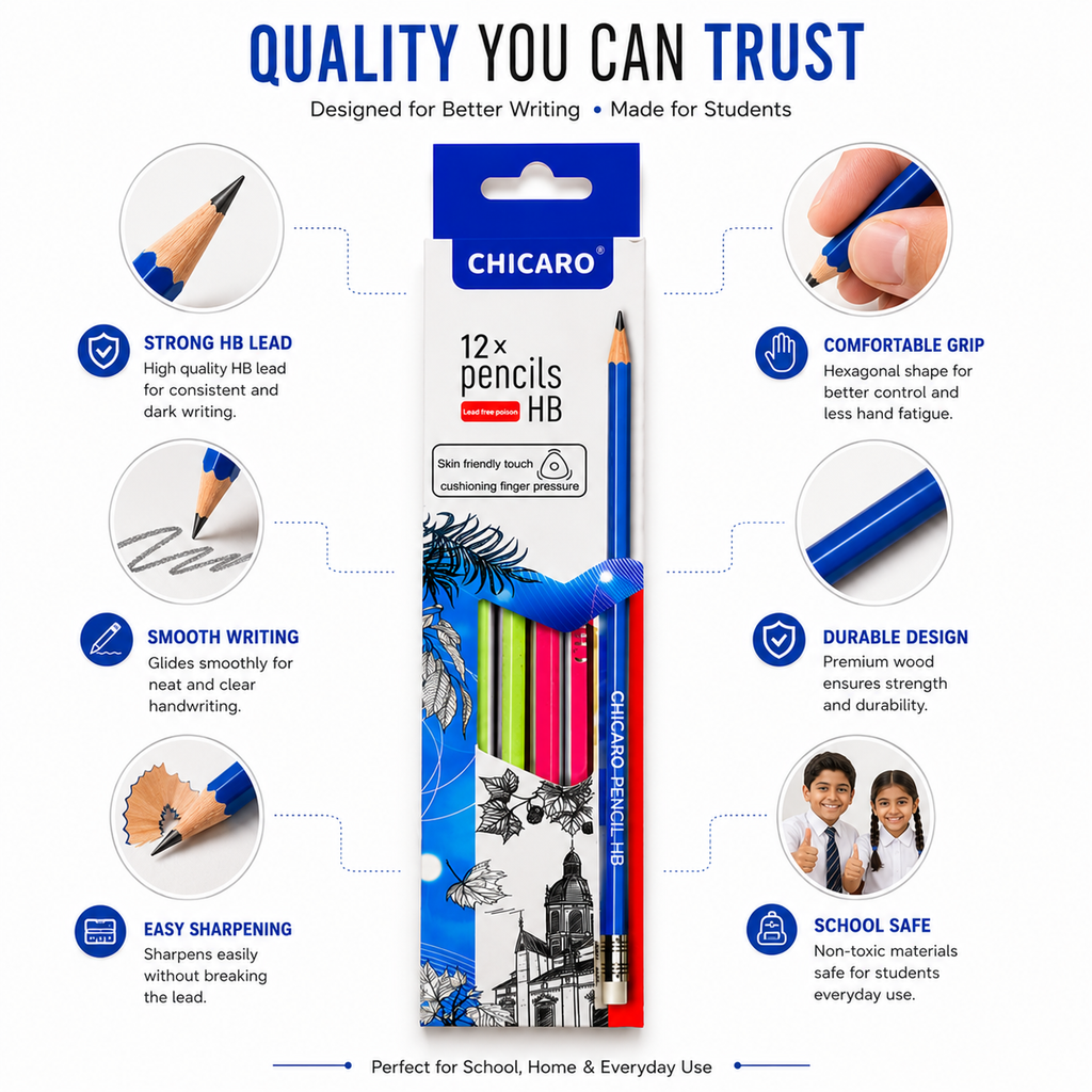 12 HB Graphite Pencils – Smooth, Reliable Pencils for Students, Sketching, Writing & Office Use