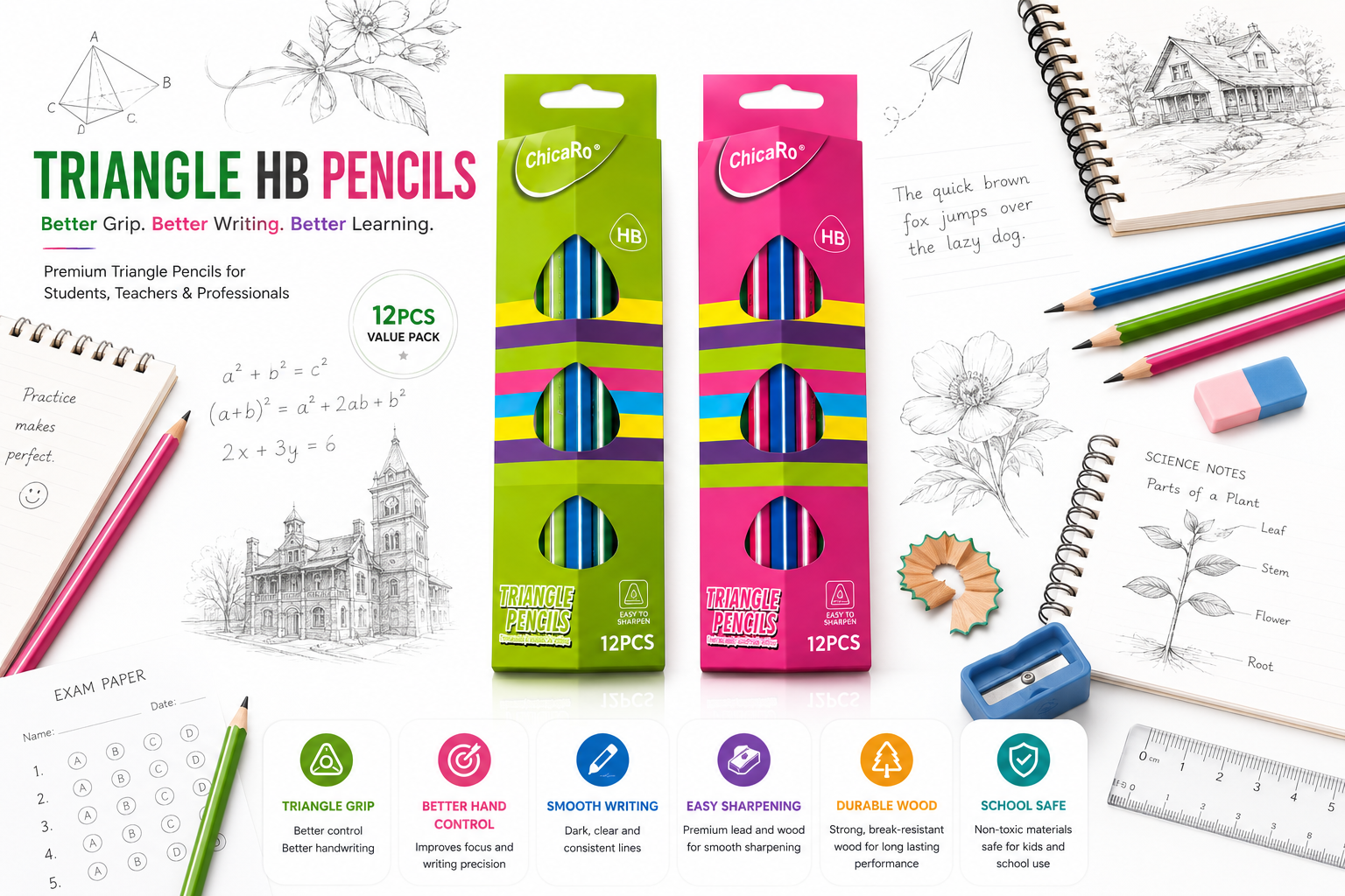 pack of 12  HB Triangle Grip Pencils for Smooth, Comfortable Everyday Writing