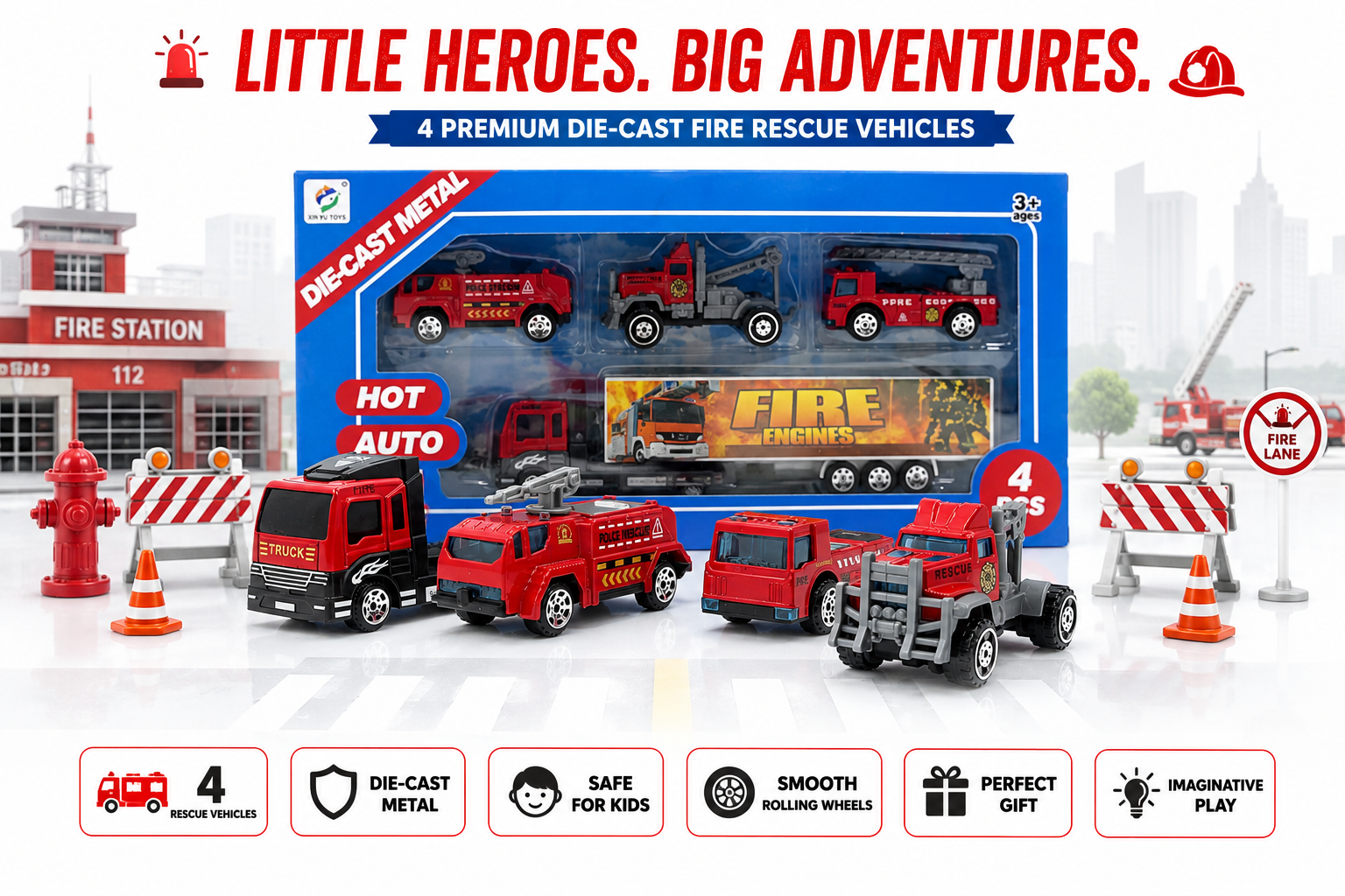 4 Pcs Die-Cast Fire Truck Toy Set for Kids, Mini Fire Rescue Vehicles with Realistic Details, Pretend Play Emergency Cars