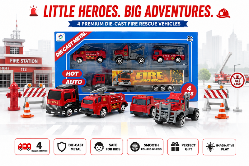 4 Pcs Die-Cast Fire Truck Toy Set for Kids, Mini Fire Rescue Vehicles with Realistic Details, Pretend Play Emergency Cars