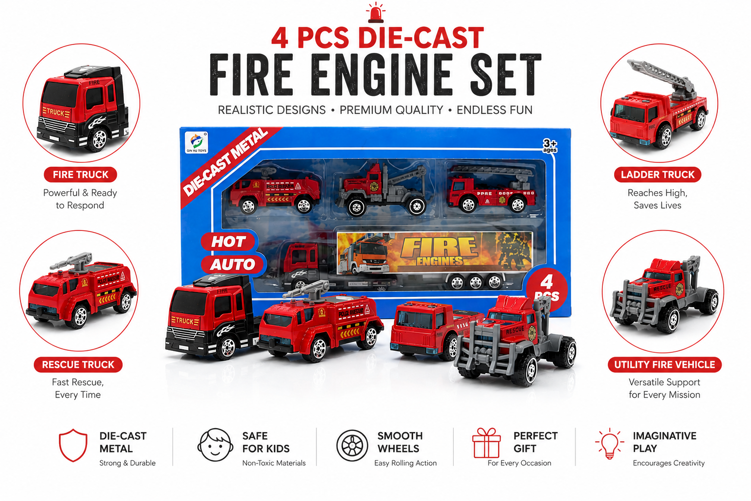 4 Pcs Die-Cast Fire Truck Toy Set for Kids, Mini Fire Rescue Vehicles with Realistic Details, Pretend Play Emergency Cars