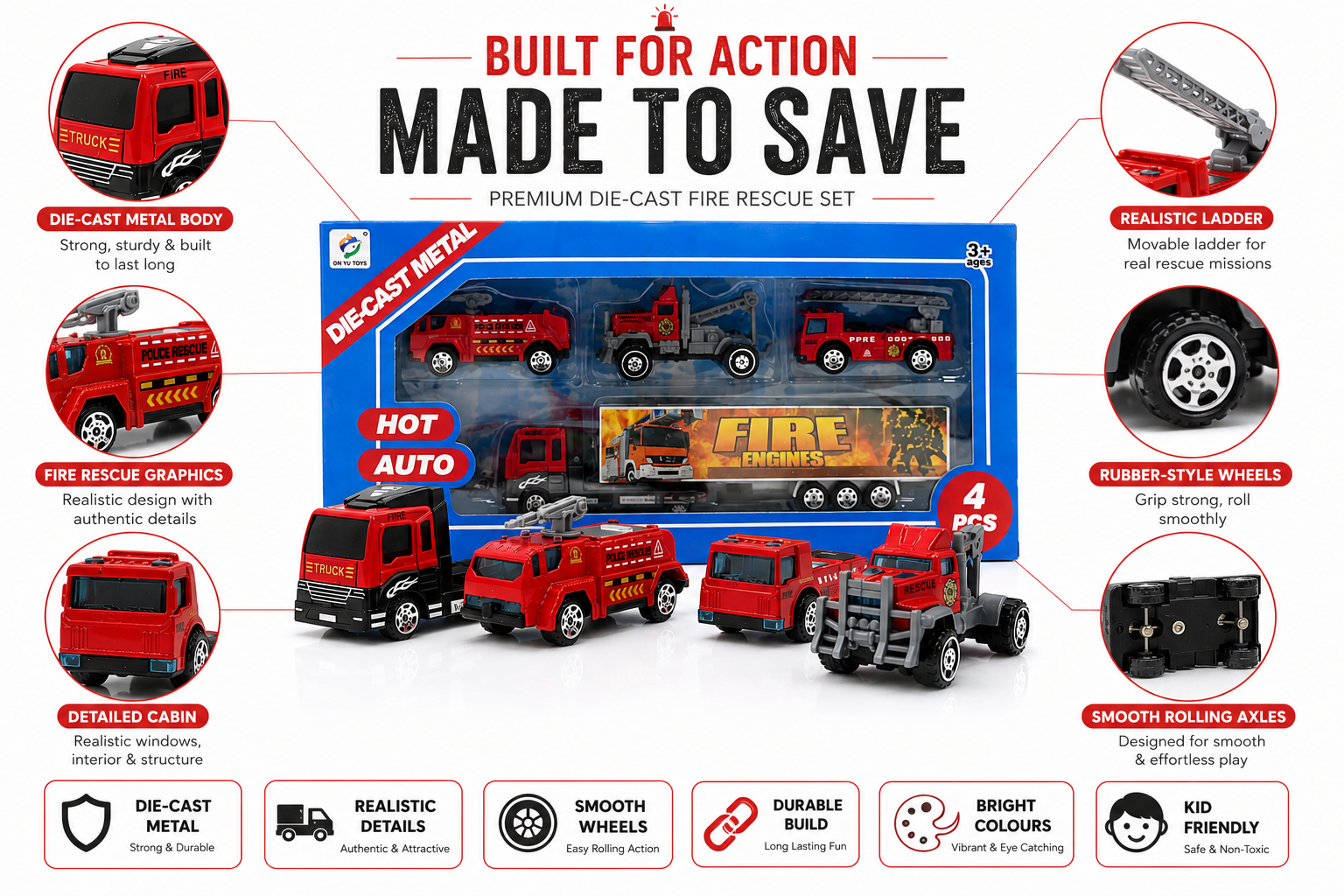 4 Pcs Die-Cast Fire Truck Toy Set for Kids, Mini Fire Rescue Vehicles with Realistic Details, Pretend Play Emergency Cars
