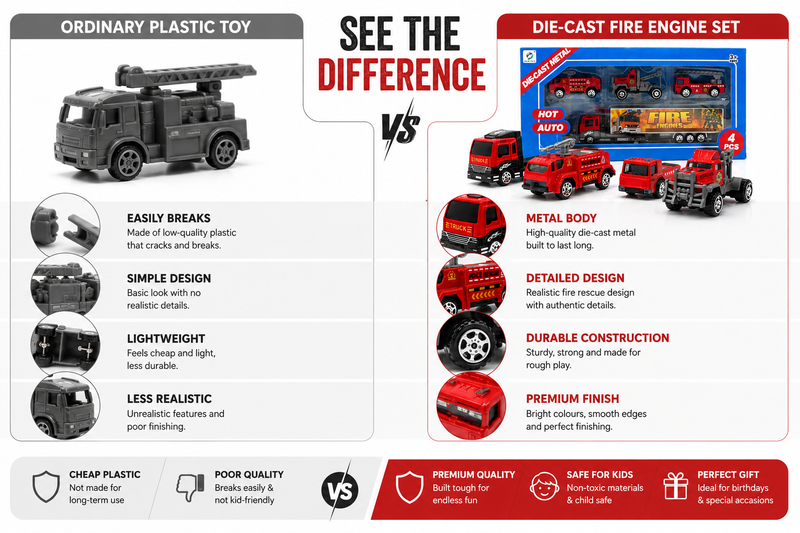 4 Pcs Die-Cast Fire Truck Toy Set for Kids, Mini Fire Rescue Vehicles with Realistic Details, Pretend Play Emergency Cars