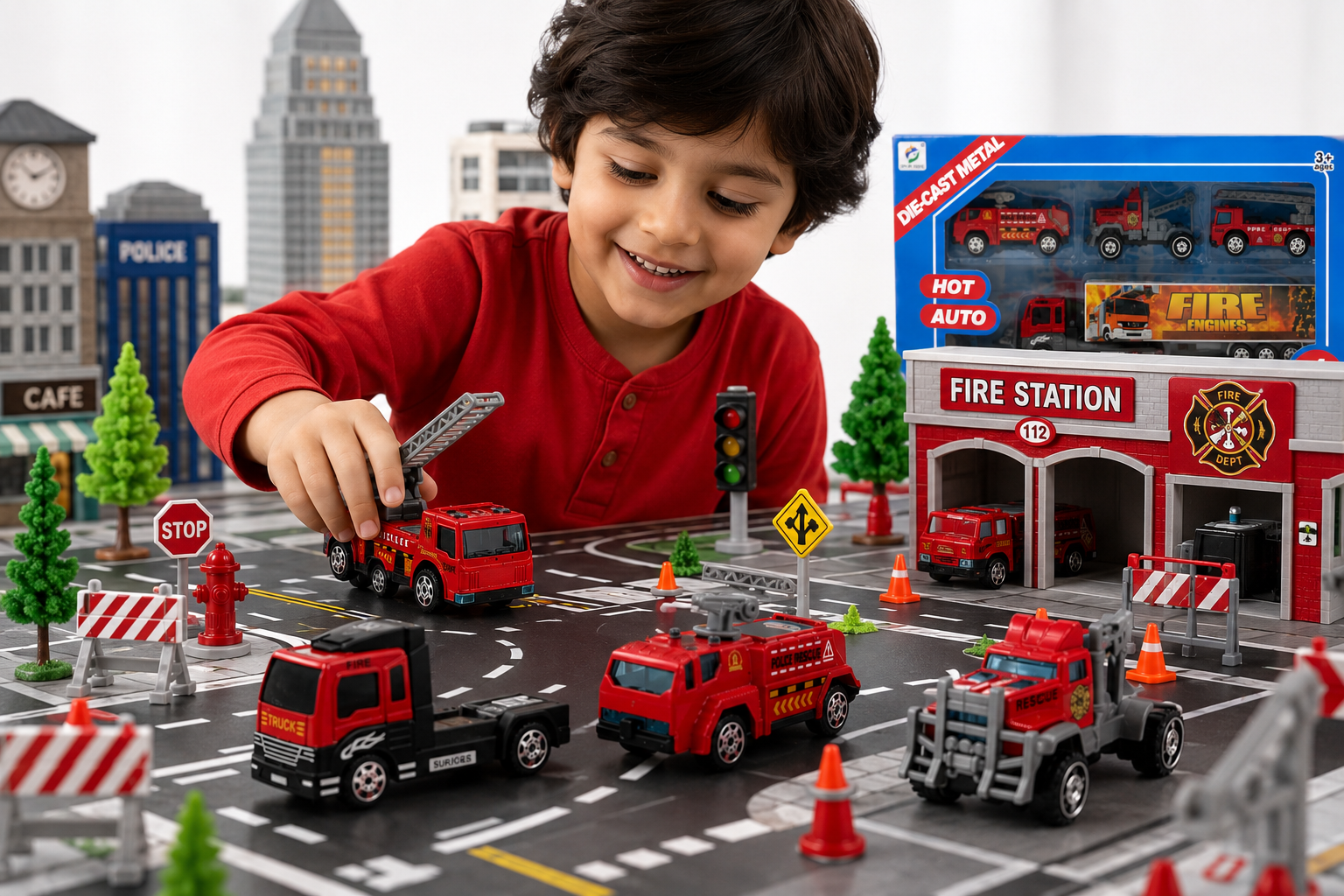 4 Pcs Die-Cast Fire Truck Toy Set for Kids, Mini Fire Rescue Vehicles with Realistic Details, Pretend Play Emergency Cars