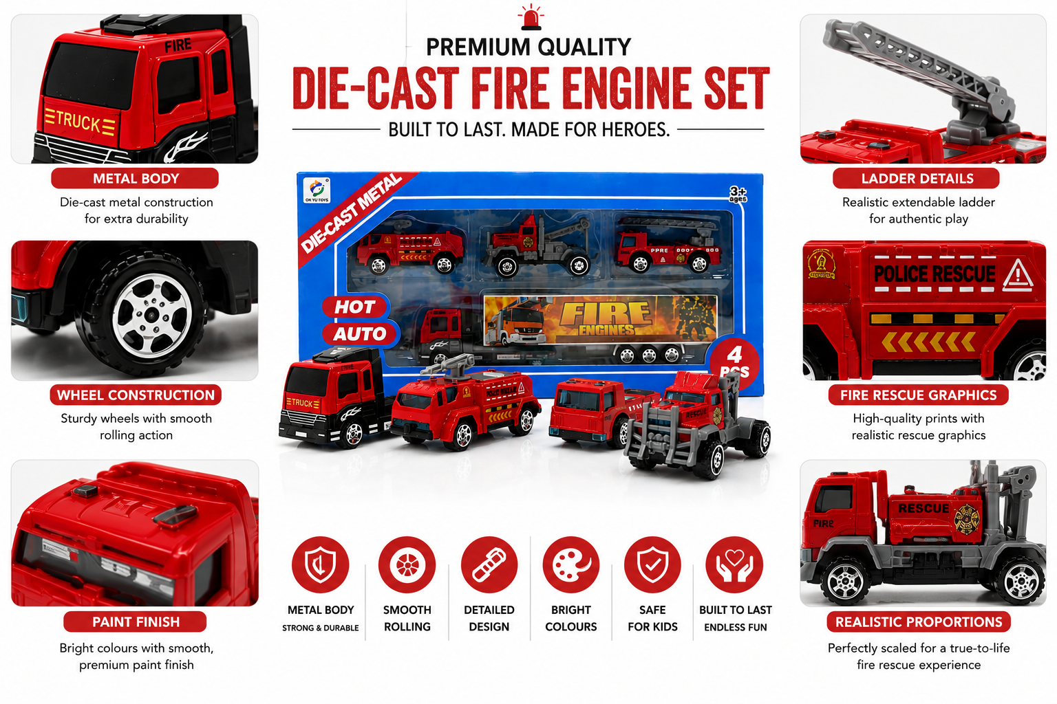4 Pcs Die-Cast Fire Truck Toy Set for Kids, Mini Fire Rescue Vehicles with Realistic Details, Pretend Play Emergency Cars