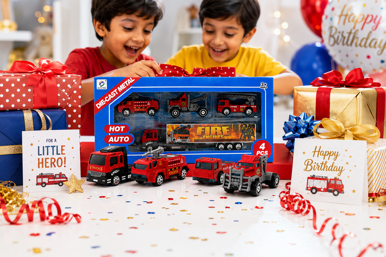 4 Pcs Die-Cast Fire Truck Toy Set for Kids, Mini Fire Rescue Vehicles with Realistic Details, Pretend Play Emergency Cars