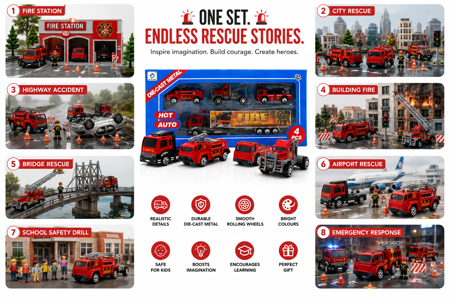 4 Pcs Die-Cast Fire Truck Toy Set for Kids, Mini Fire Rescue Vehicles with Realistic Details, Pretend Play Emergency Cars