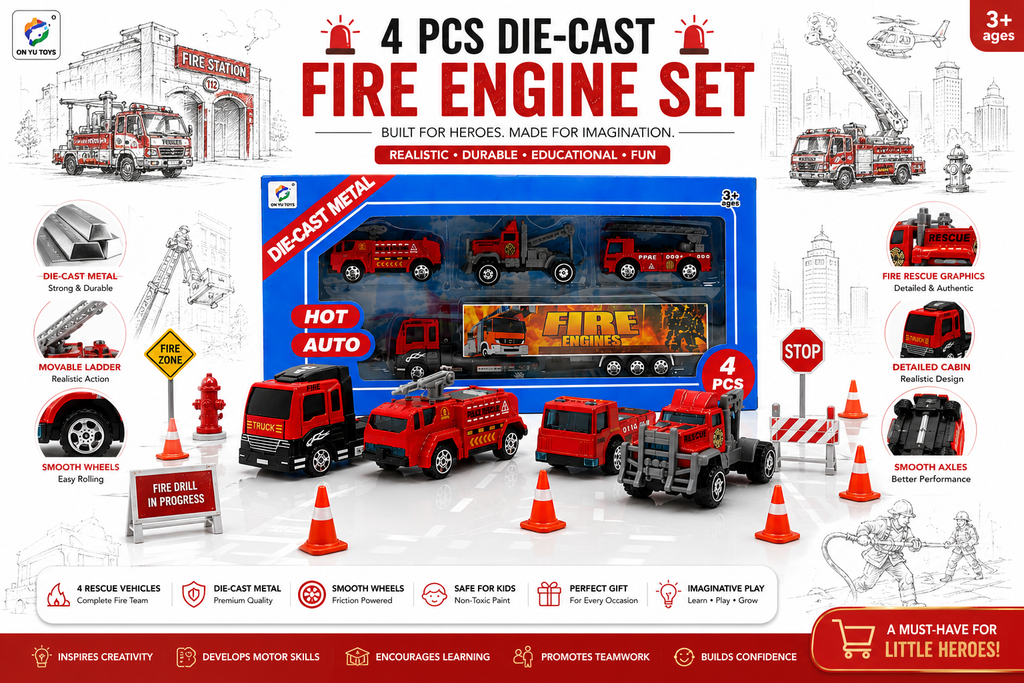 4 Pcs Die-Cast Fire Truck Toy Set for Kids, Mini Fire Rescue Vehicles with Realistic Details, Pretend Play Emergency Cars