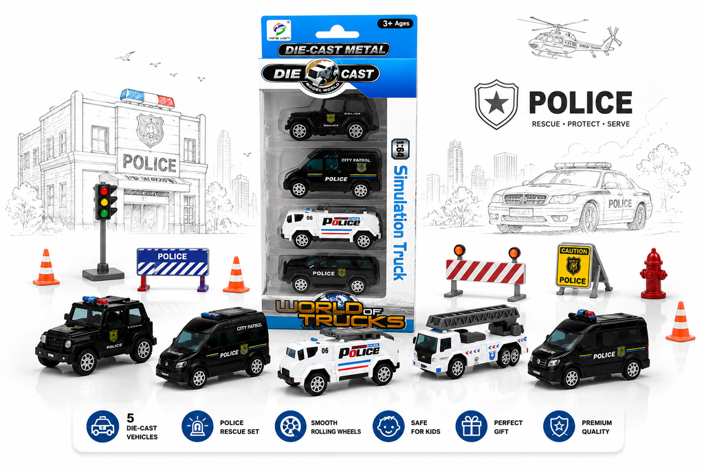 5 Pcs Die-Cast Police Vehicle Toy Set for Kids, Mini Police Cars & Trucks with Realistic Details, City Patrol & Emergency Vehicle