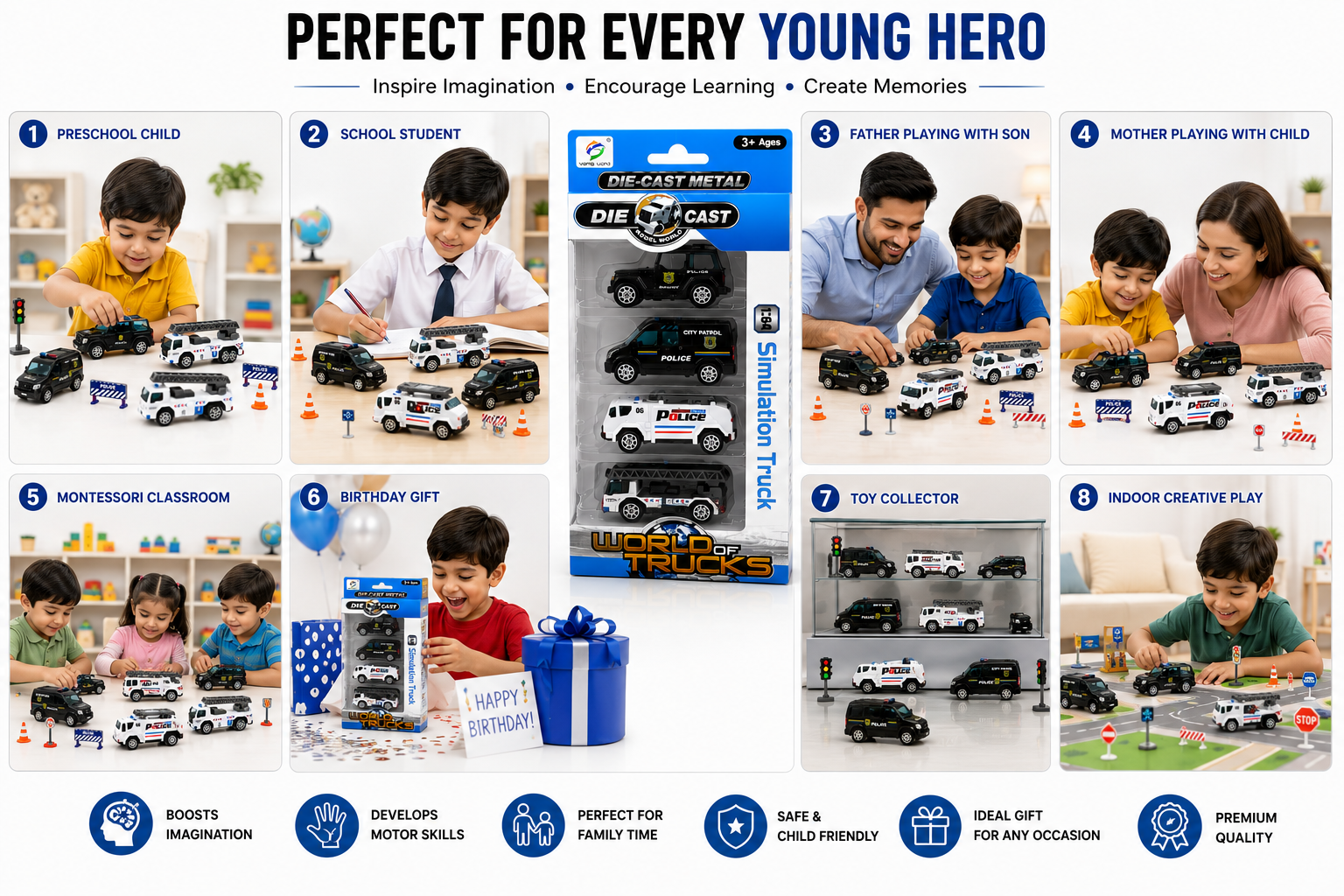 5 Pcs Die-Cast Police Vehicle Toy Set for Kids, Mini Police Cars & Trucks with Realistic Details, City Patrol & Emergency Vehicle