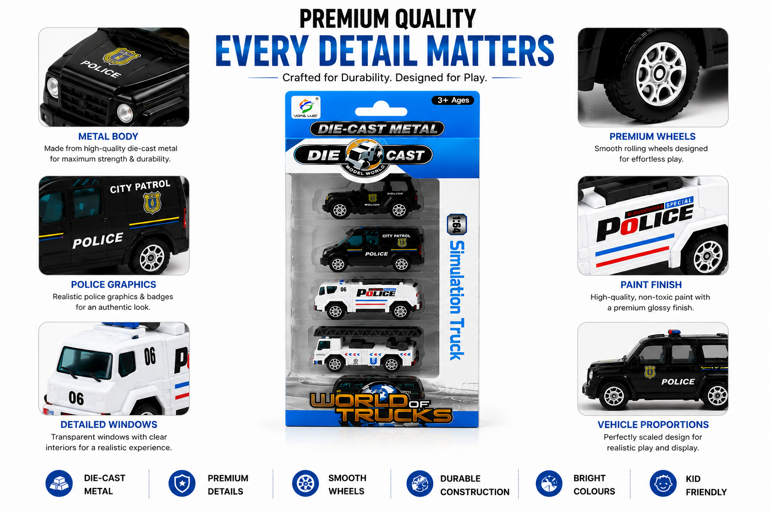 5 Pcs Die-Cast Police Vehicle Toy Set for Kids, Mini Police Cars & Trucks with Realistic Details, City Patrol & Emergency Vehicle