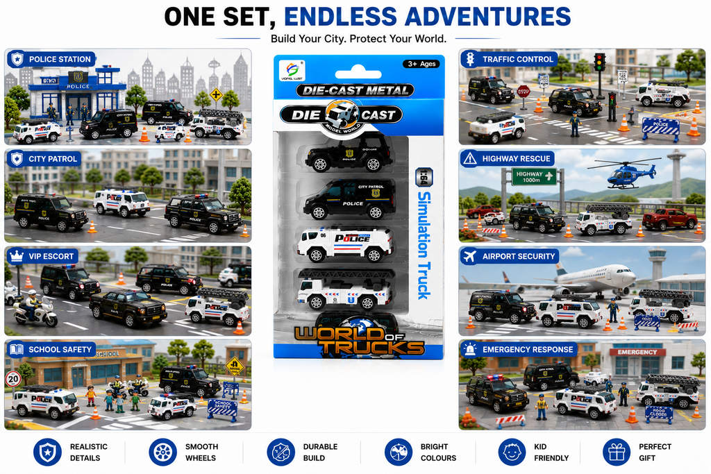 5 Pcs Die-Cast Police Vehicle Toy Set for Kids, Mini Police Cars & Trucks with Realistic Details, City Patrol & Emergency Vehicle