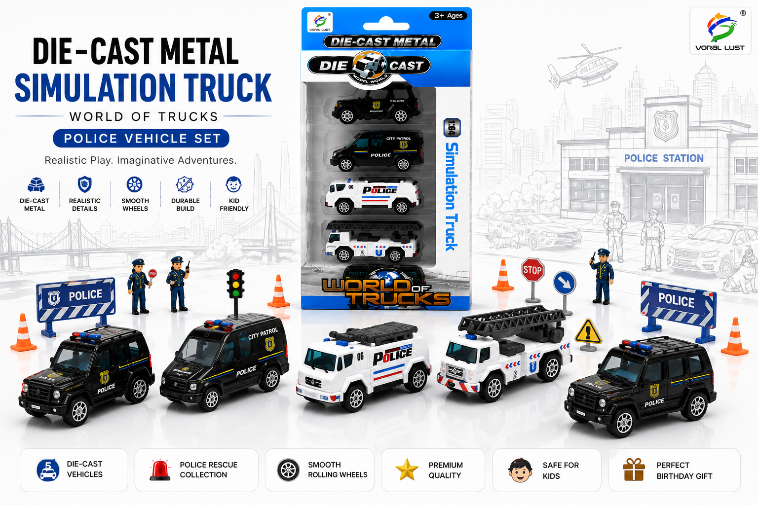 5 Pcs Die-Cast Police Vehicle Toy Set for Kids, Mini Police Cars & Trucks with Realistic Details, City Patrol & Emergency Vehicle