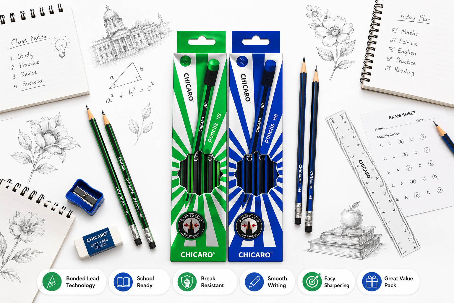 Chicaro HB pencil pack of 12 Smooth Writing & Strong Leads for Everyday Schoolwork