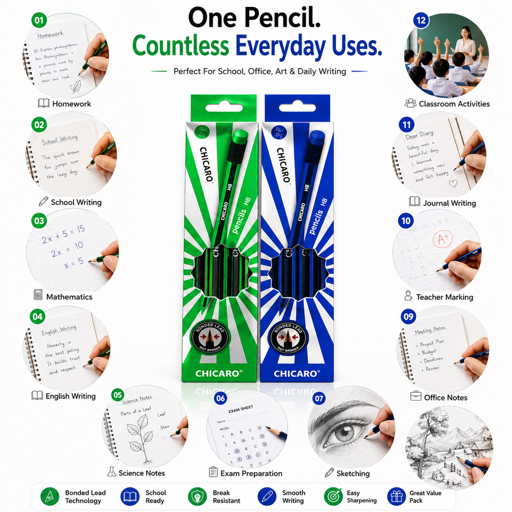 Chicaro HB pencil pack of 12 Smooth Writing & Strong Leads for Everyday Schoolwork